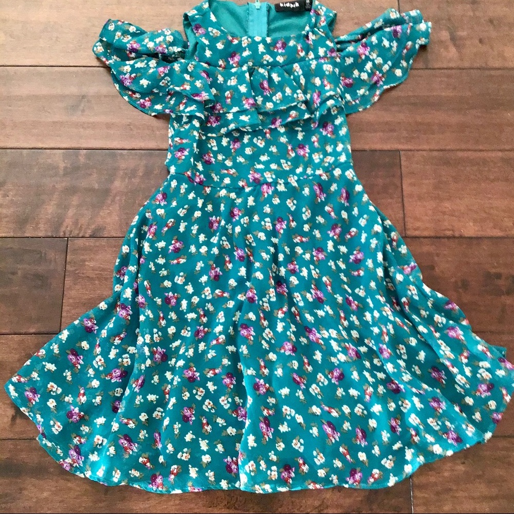 Kidpik Off the Shoulder Green Floral Dress